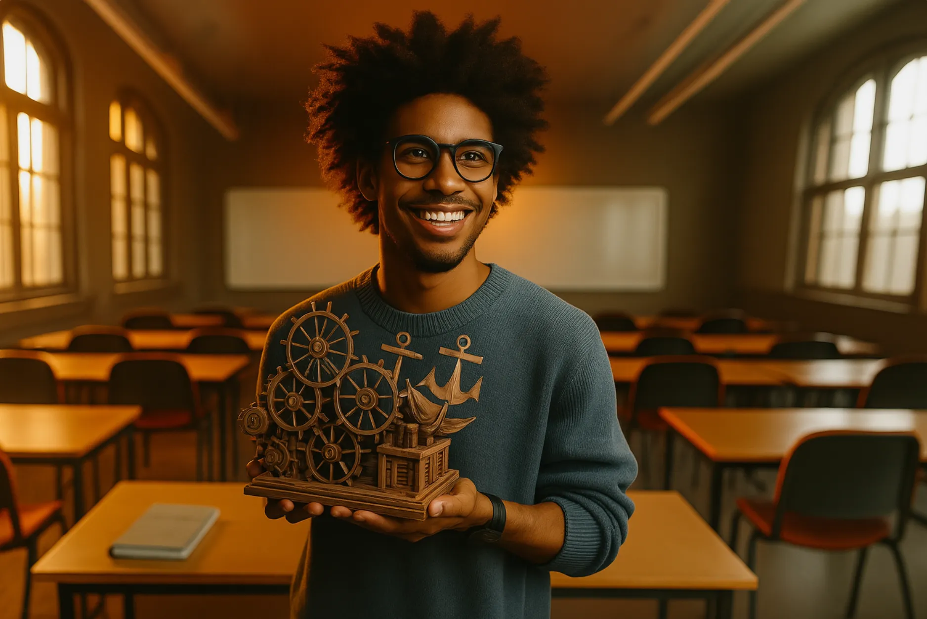 Student with model
